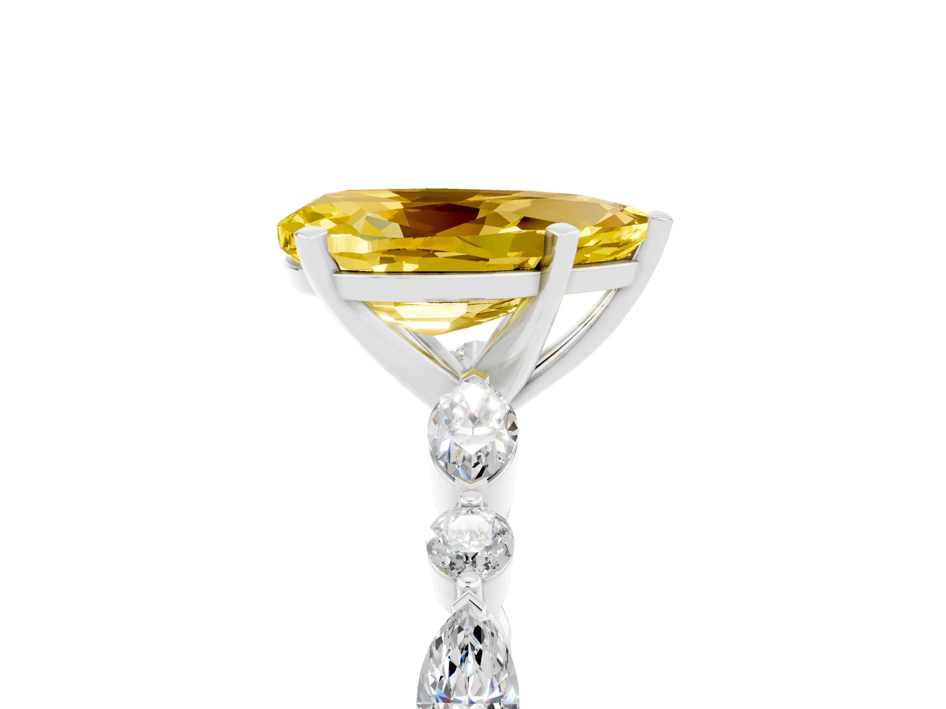 White gold Pear Cut Yellow Sapphire Solitaire with Side Stones on a Pavé Band and Four-Prong Setting_29