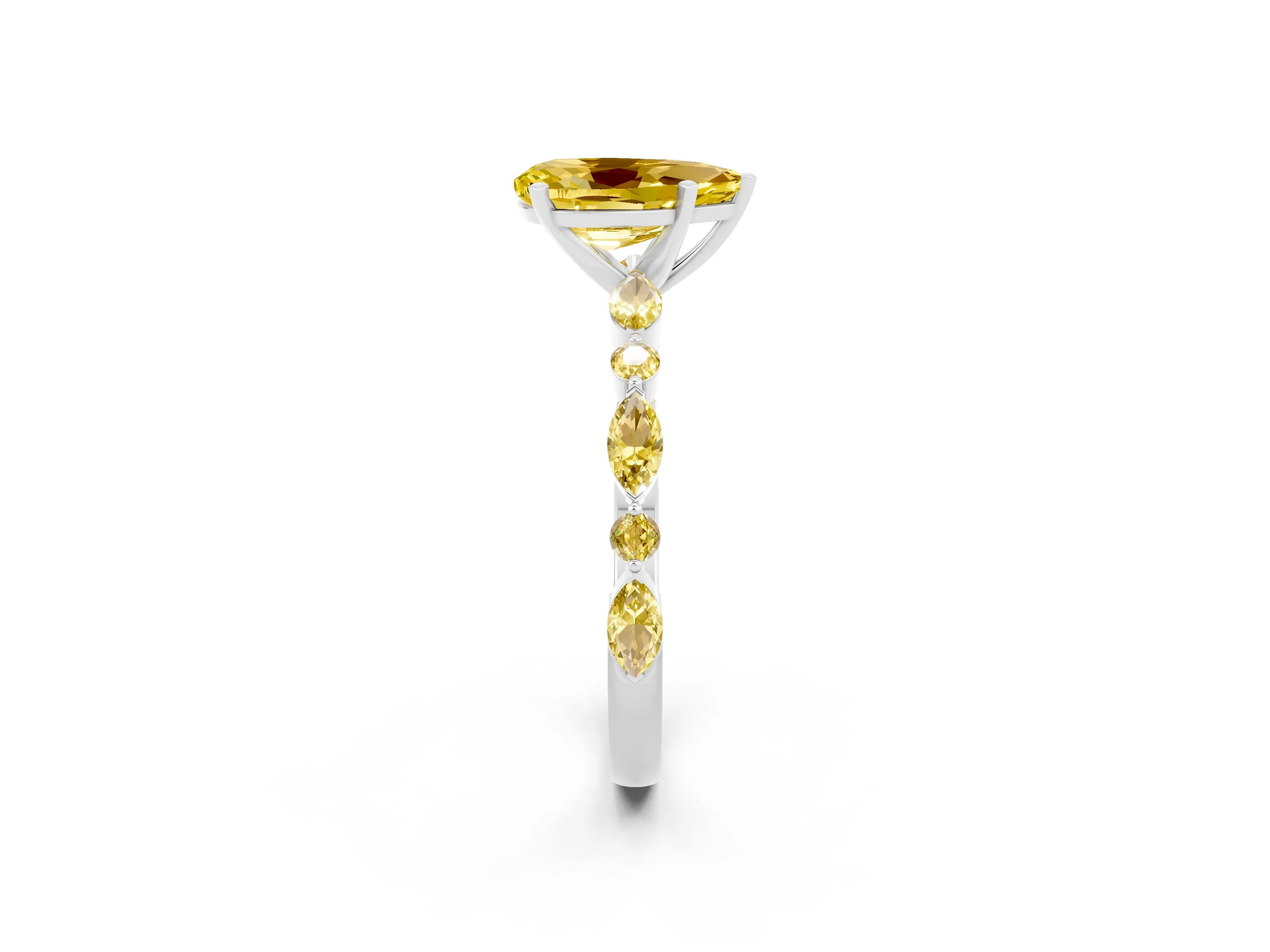 White gold Pear Cut Yellow Sapphire Solitaire with Side Stones on a Pavé Band and Four-Prong Setting_2