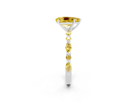 White gold Pear Cut Yellow Sapphire Solitaire with Side Stones on a Pavé Band and Four-Prong Setting_2