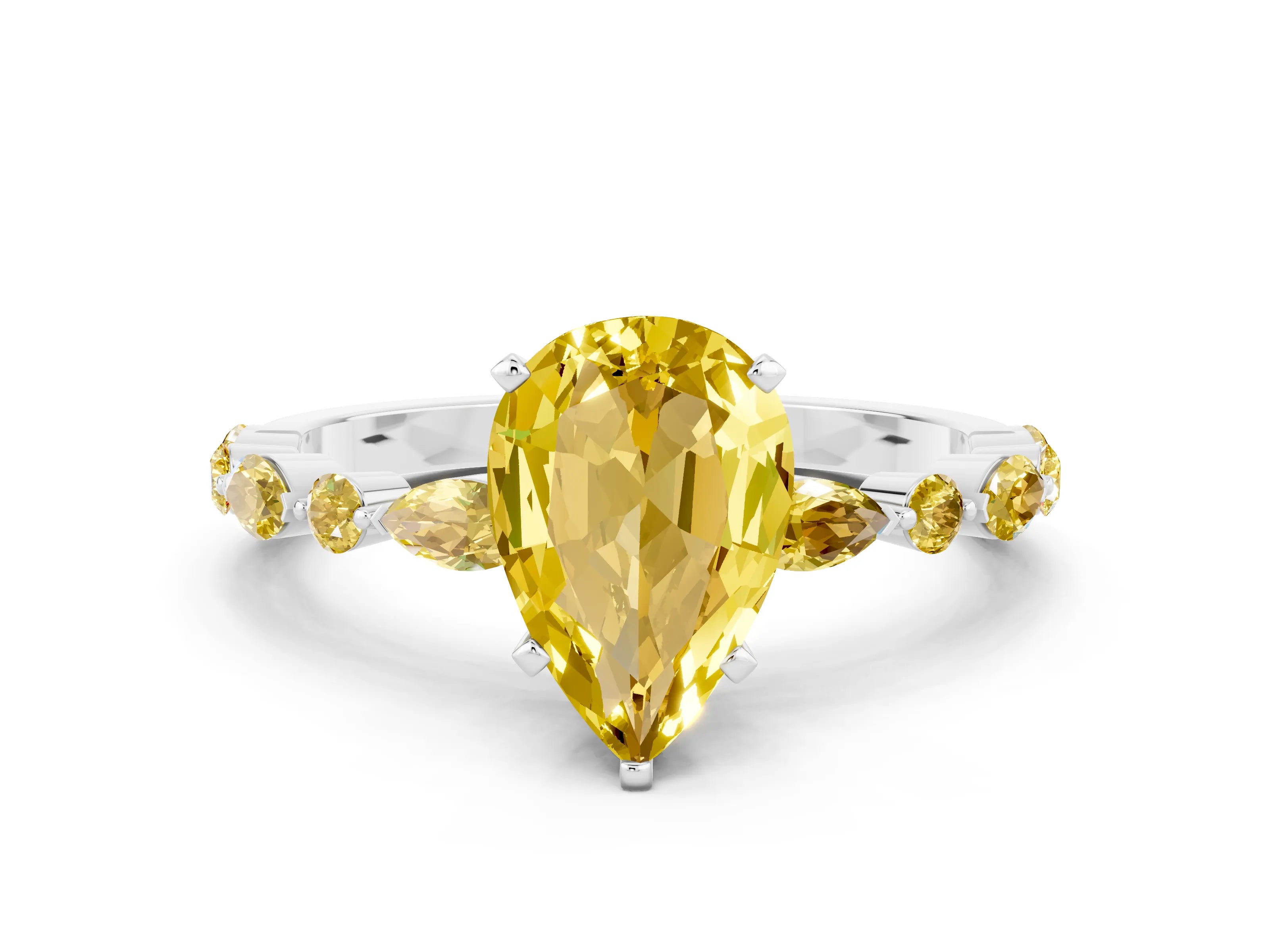 White gold Pear Cut Yellow Sapphire Solitaire with Side Stones on a Pavé Band and Four-Prong Setting
