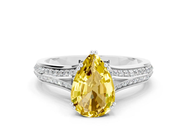 Silver Pear Cut Yellow Sapphire Split Shank Engagement Ring with Pavé Band