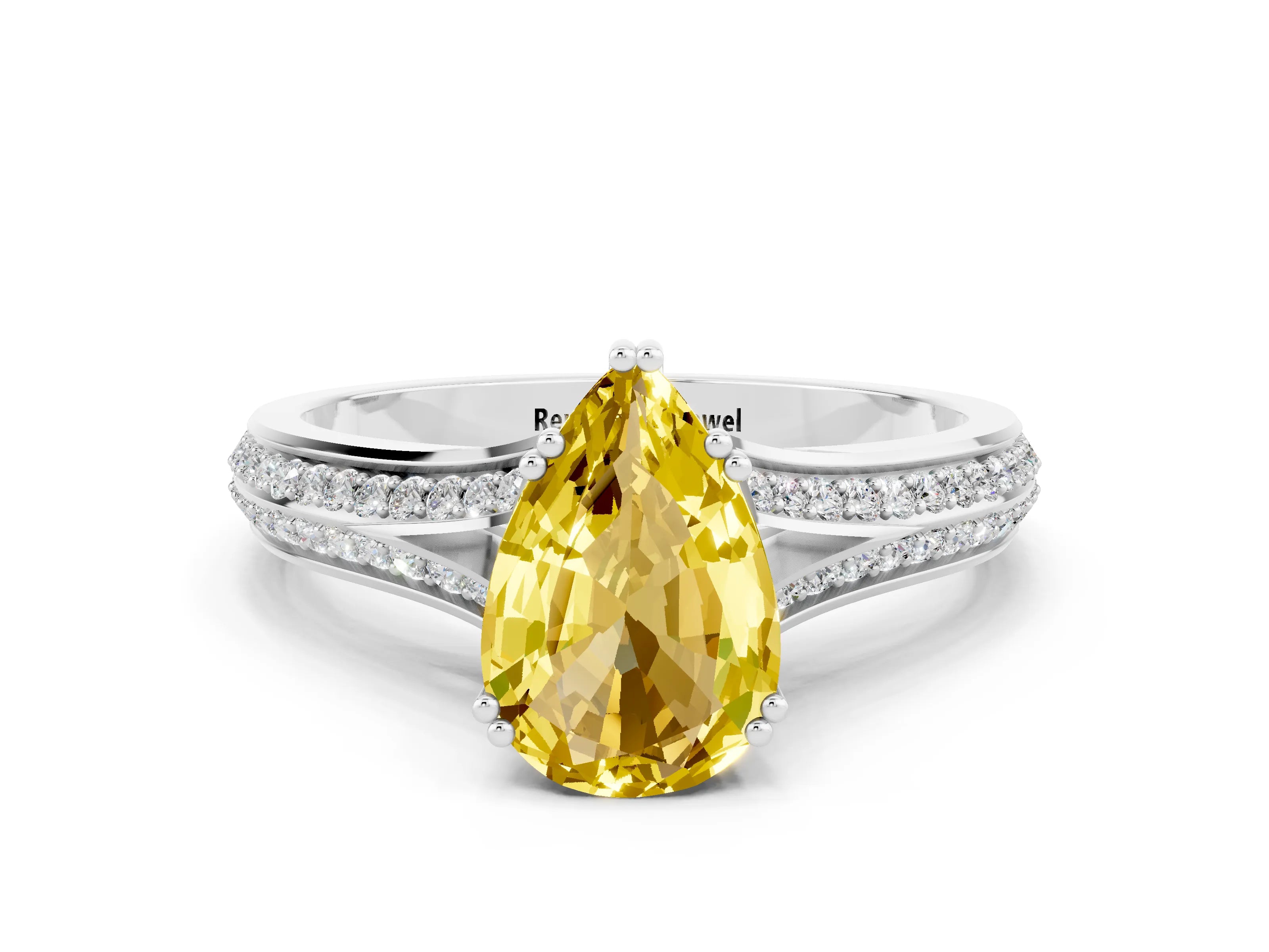 White gold Pear Cut Yellow Sapphire Split Shank Engagement Ring with Pavé Band_24