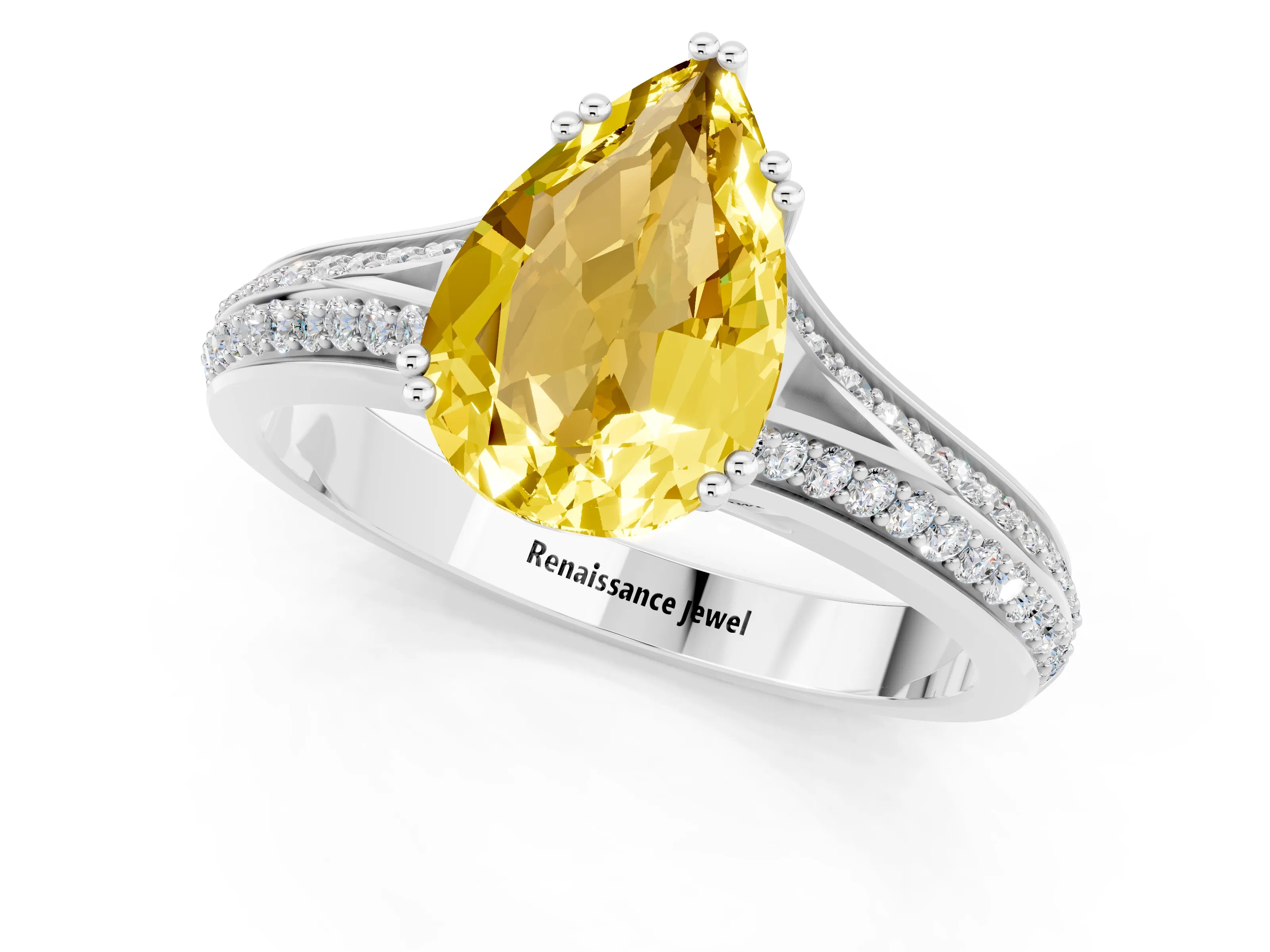 White gold Pear Cut Yellow Sapphire Split Shank Engagement Ring with Pavé Band_25