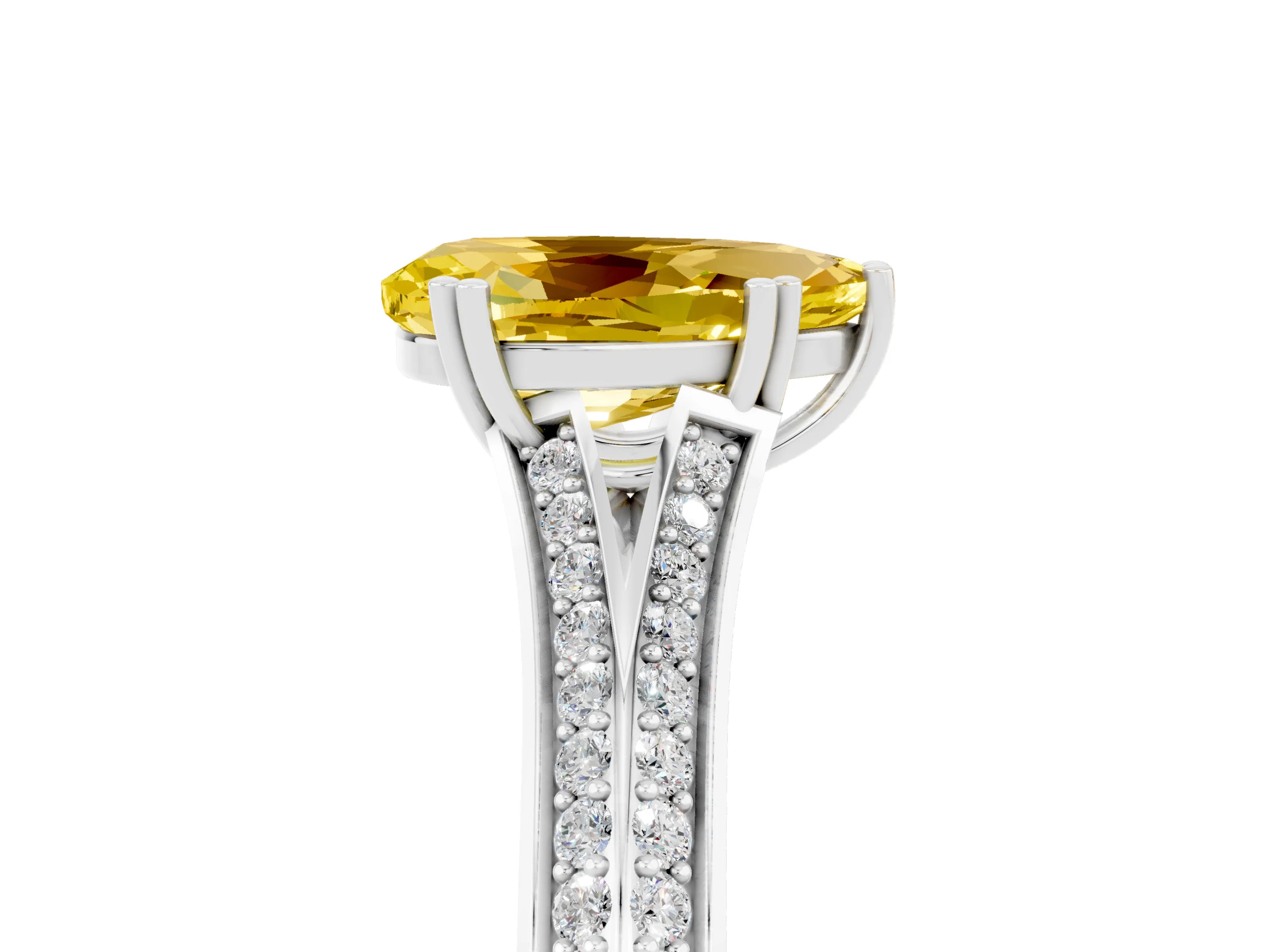 White gold Pear Cut Yellow Sapphire Split Shank Engagement Ring with Pavé Band_29