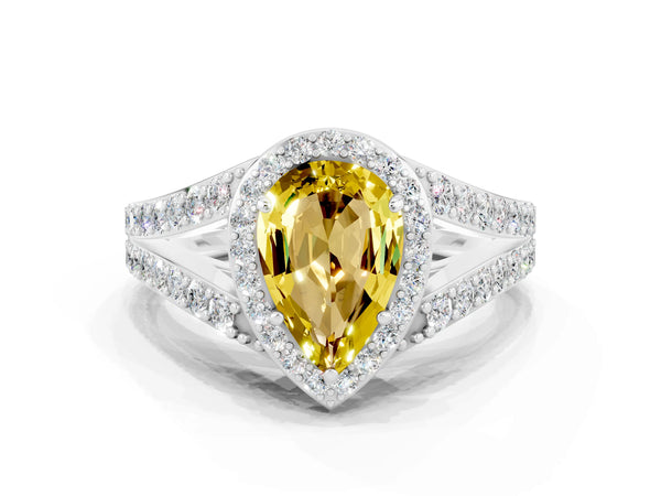 Silver Pear Cut Yellow Sapphire Split Shank Halo Ring with Four-Prong Setting