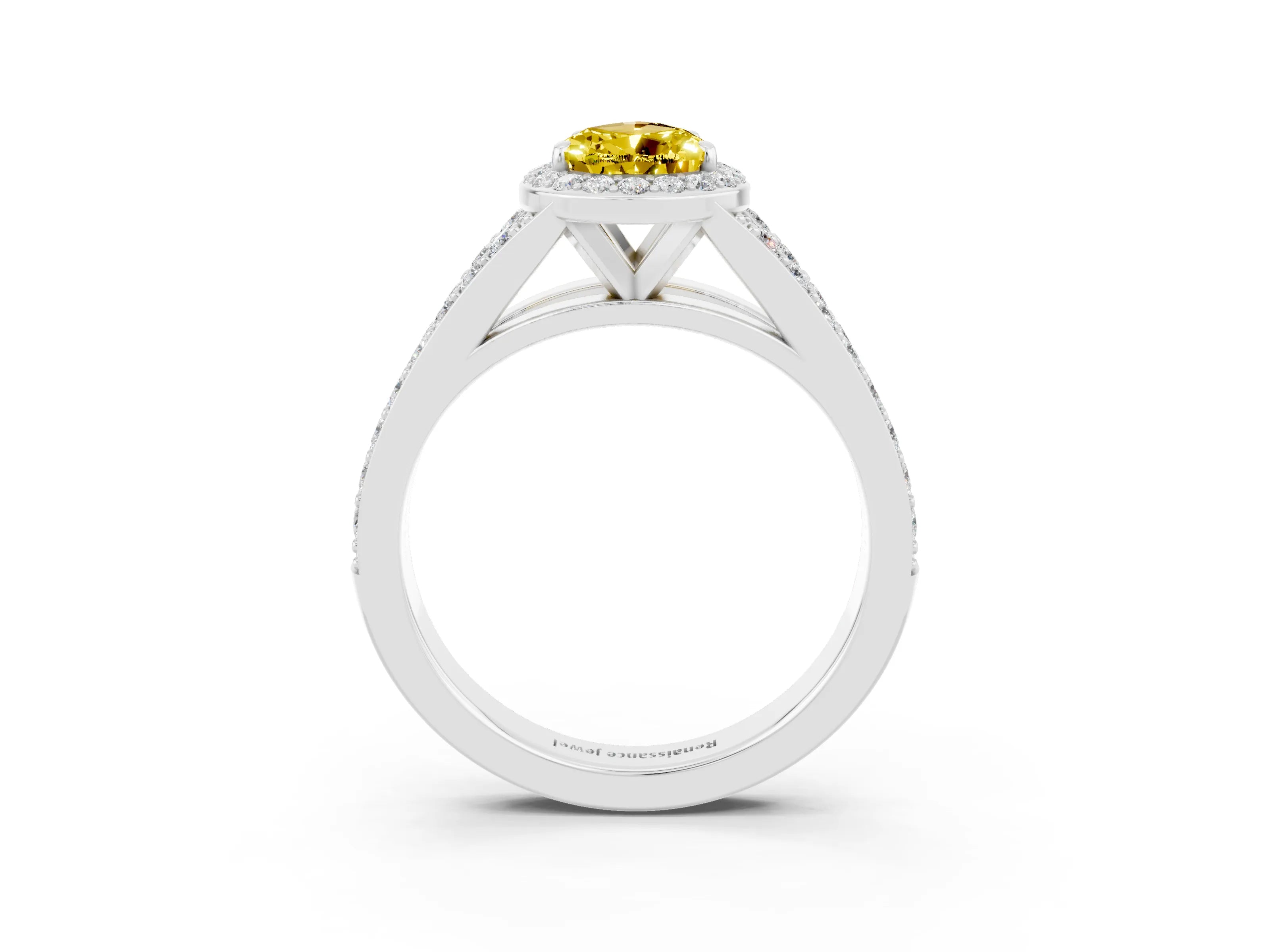 White gold Pear Cut Yellow Sapphire Split Shank Halo Ring with Four-Prong Setting_15
