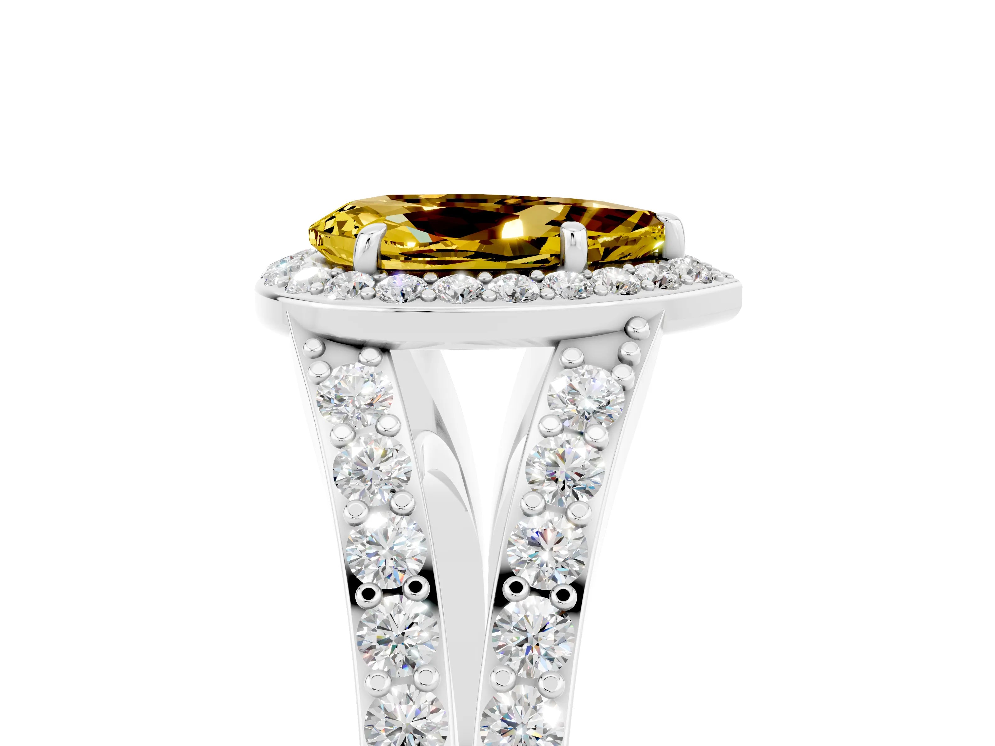 White gold Pear Cut Yellow Sapphire Split Shank Halo Ring with Four-Prong Setting_17