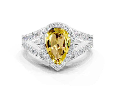 White gold Pear Cut Yellow Sapphire Split Shank Halo Ring with Four-Prong Setting_24