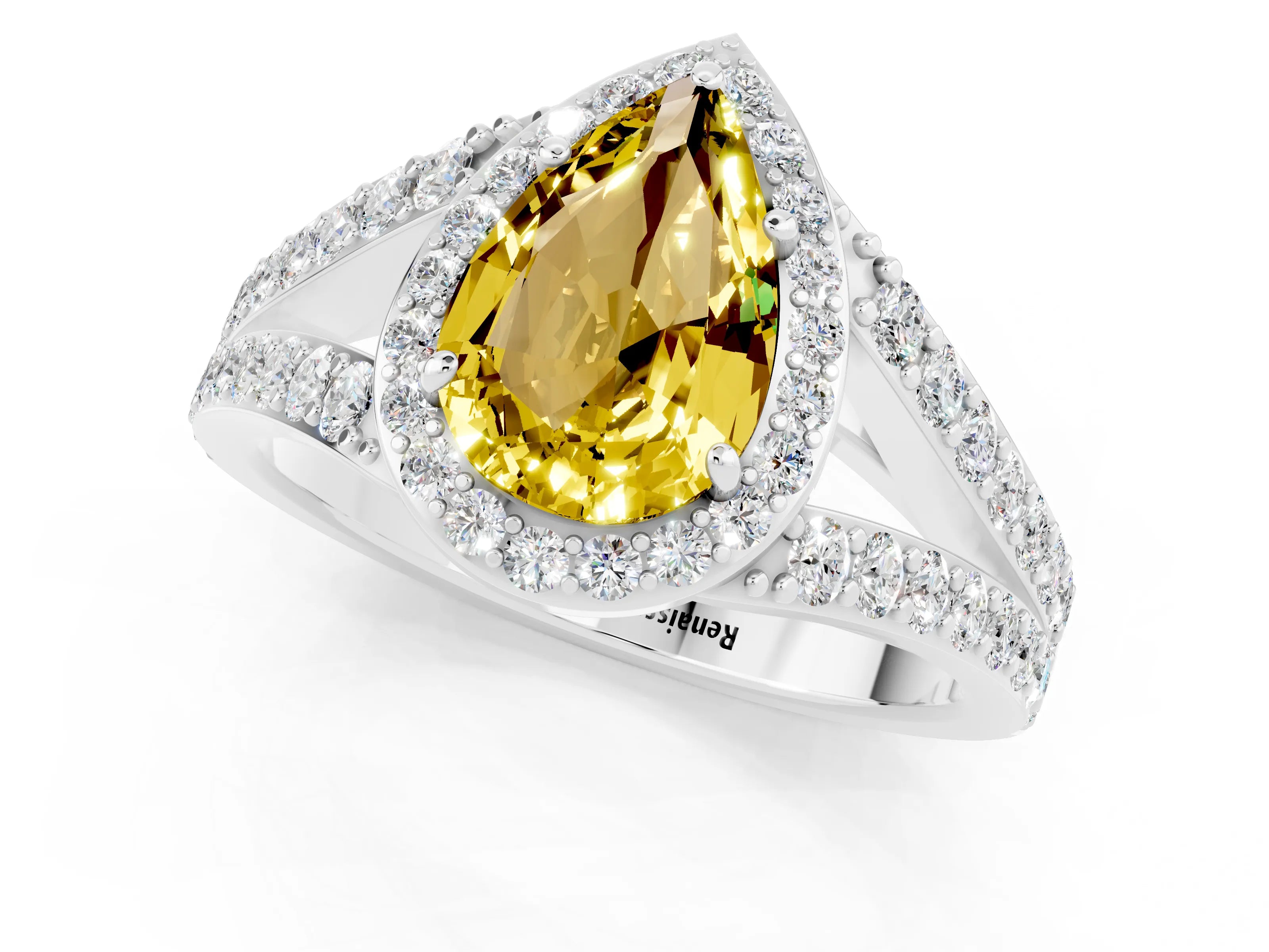 White gold Pear Cut Yellow Sapphire Split Shank Halo Ring with Four-Prong Setting_25