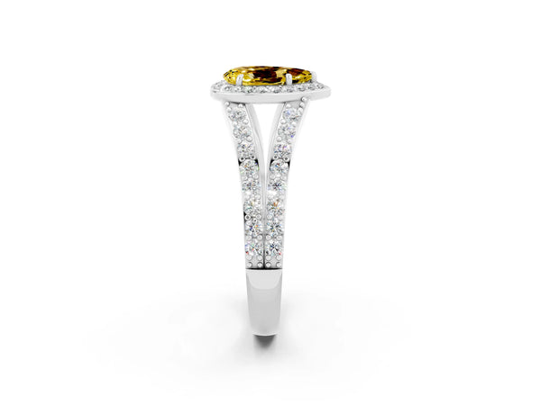 White gold Pear Cut Yellow Sapphire Split Shank Halo Ring with Four-Prong Setting