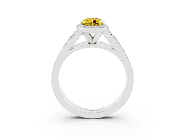 White gold Pear Cut Yellow Sapphire Split Shank Halo Ring with Four-Prong Setting
