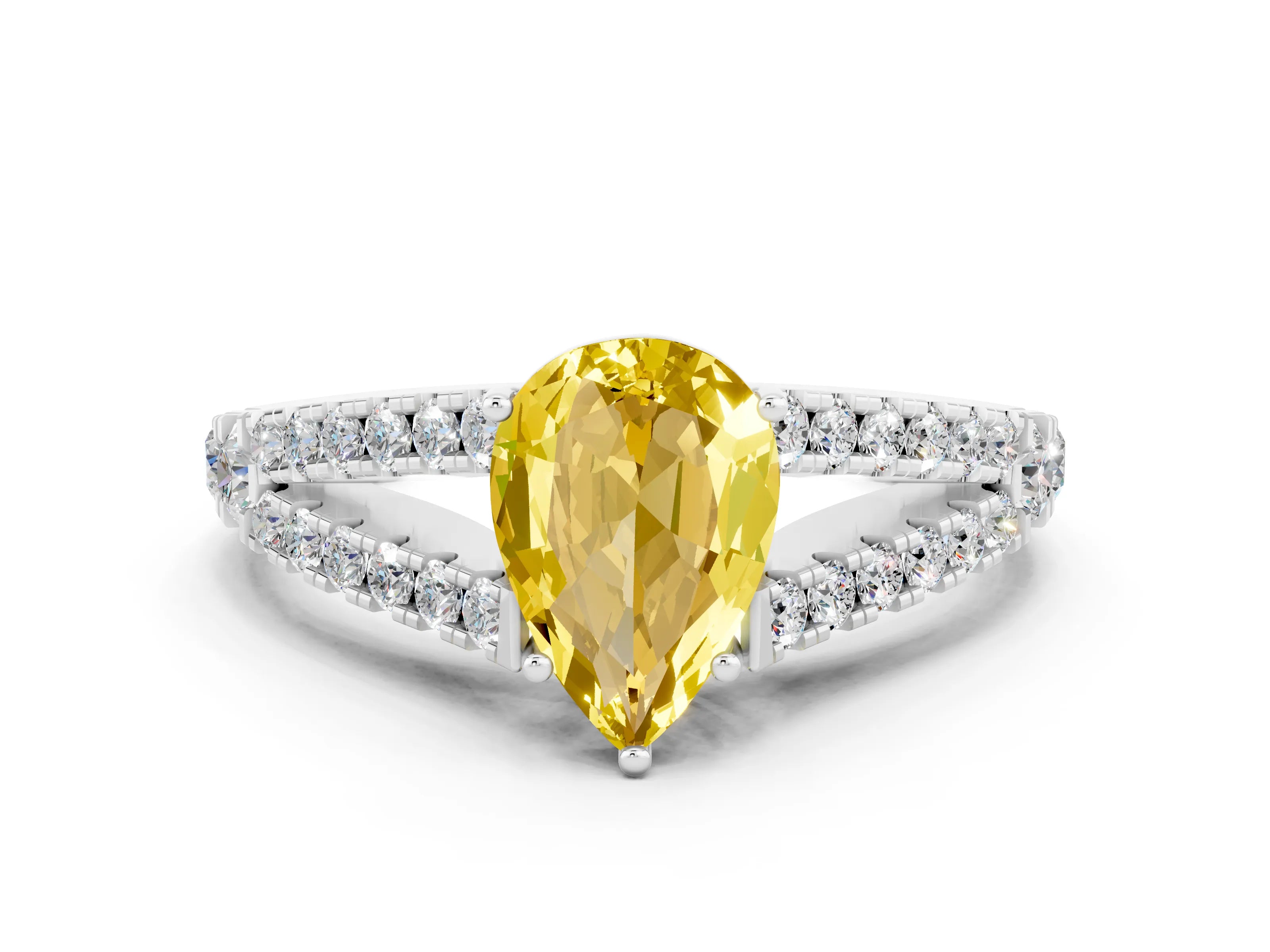White gold Pear Cut Yellow Sapphire Split Shank Pavé Engagement Ring with Four-Prong Setting_12