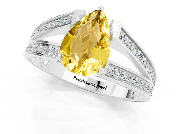 White gold Pear Cut Yellow Sapphire Split Shank Ring with Pavé Band and Four-Prong Setting