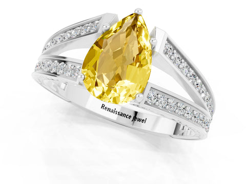 White gold Pear Cut Yellow Sapphire Split Shank Ring with Pavé Band and Four-Prong Setting_1