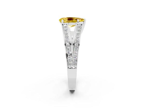 Silver Pear Cut Yellow Sapphire Split Shank Ring with Pavé Band and Four-Prong Setting