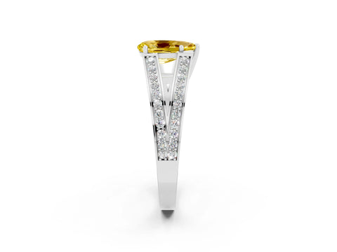 White gold Pear Cut Yellow Sapphire Split Shank Ring with Pavé Band and Four-Prong Setting_2