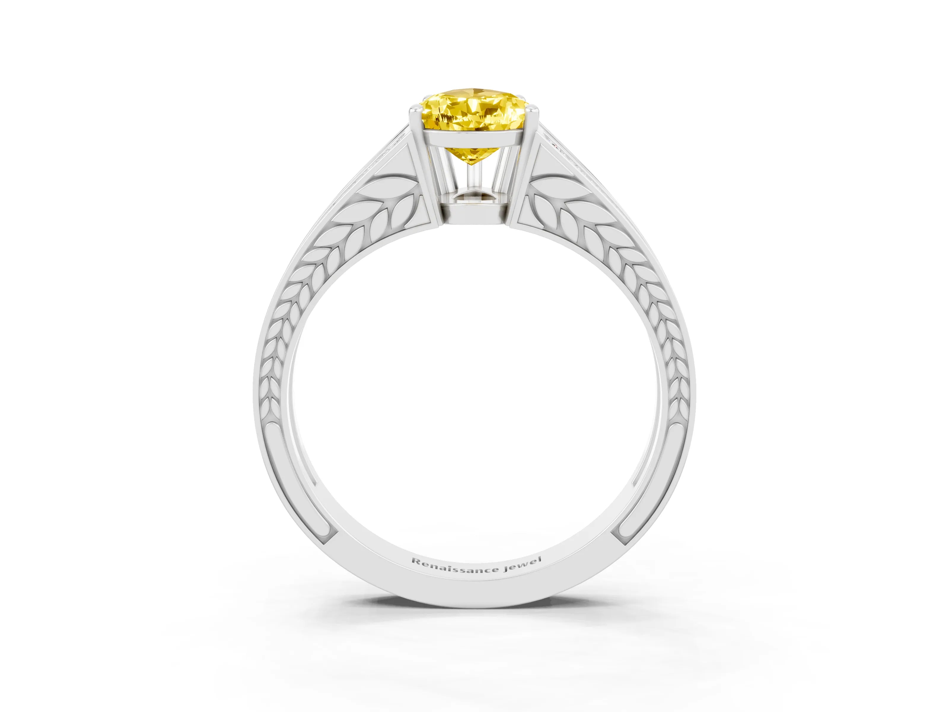 White gold Pear Cut Yellow Sapphire Split Shank Ring with Pavé Band and Four-Prong Setting_3