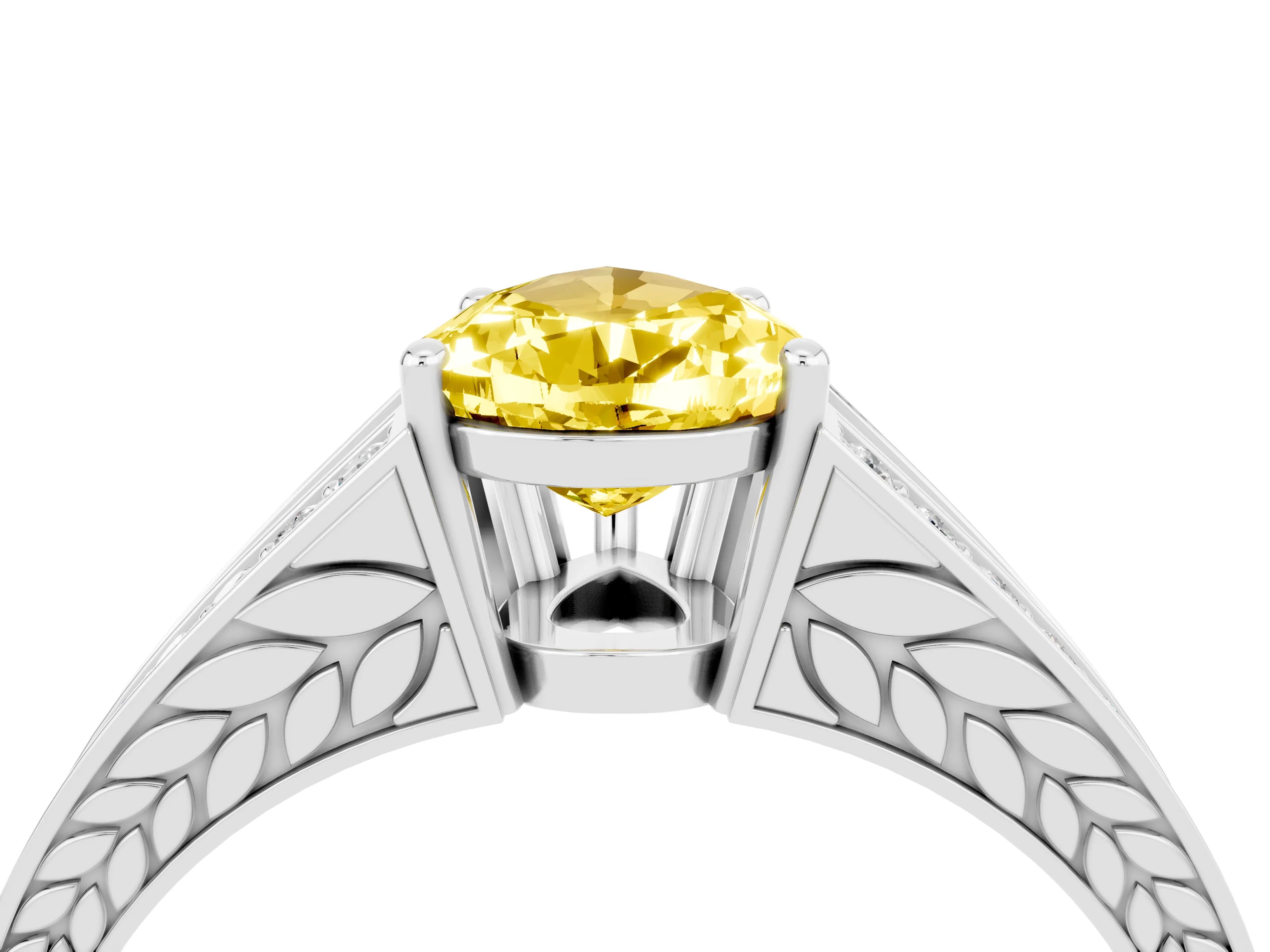 White gold Pear Cut Yellow Sapphire Split Shank Ring with Pavé Band and Four-Prong Setting_4