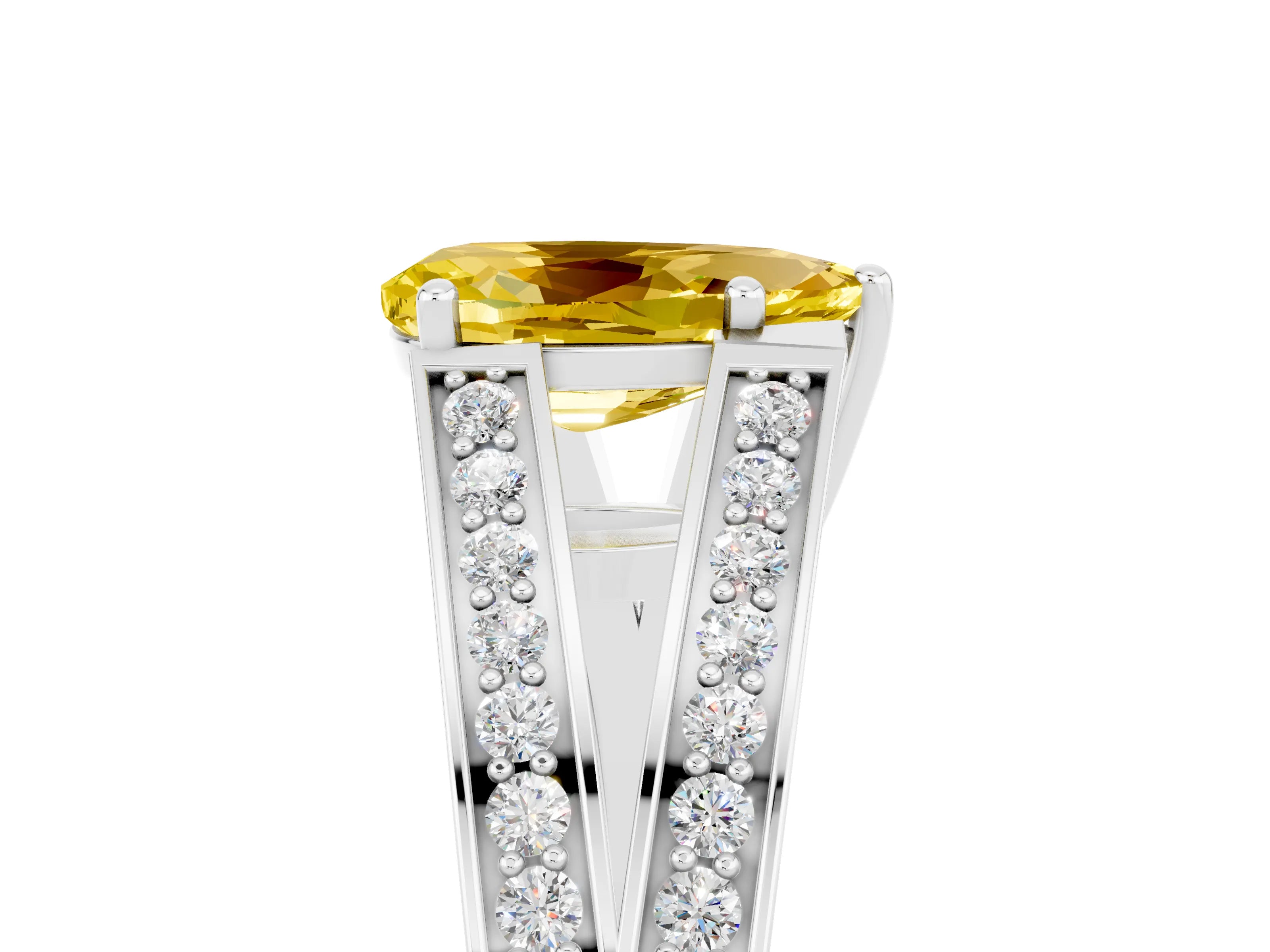 White gold Pear Cut Yellow Sapphire Split Shank Ring with Pavé Band and Four-Prong Setting_5