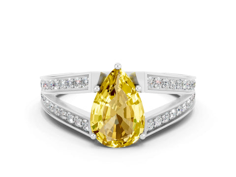 White gold Pear Cut Yellow Sapphire Split Shank Ring with Pavé Band and Four-Prong Setting