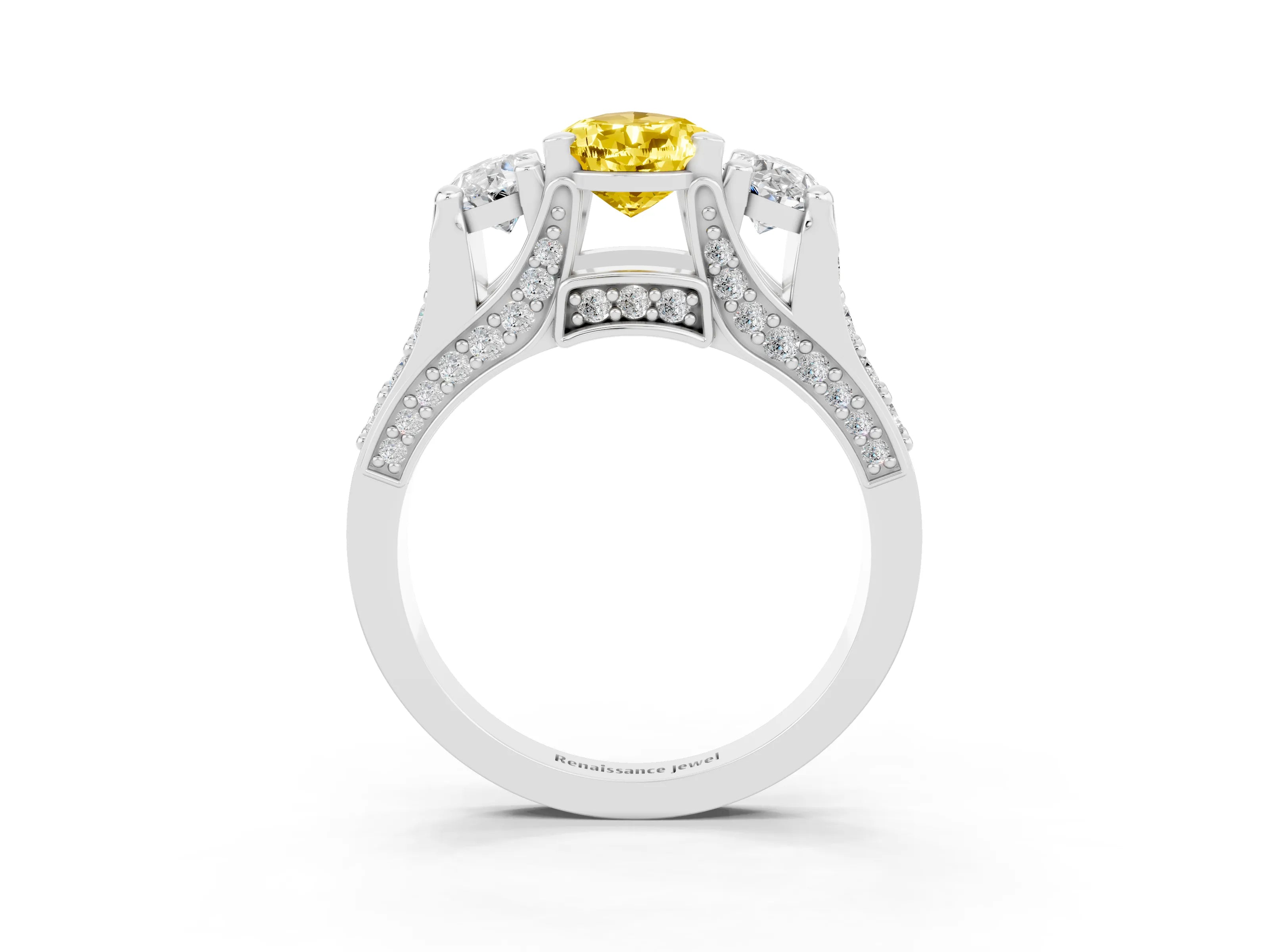 White gold Pear Cut Yellow Sapphire Three-Stone Ring with Channel Set Band and Four-Prong Setting_3