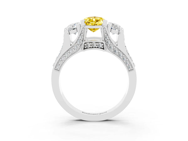 White gold Pear Cut Yellow Sapphire Three-Stone Ring with Channel Set Band and Four-Prong Setting