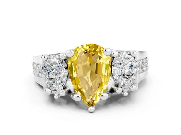 Silver Pear Cut Yellow Sapphire Three-Stone Ring with Channel Set Band and Four-Prong Setting