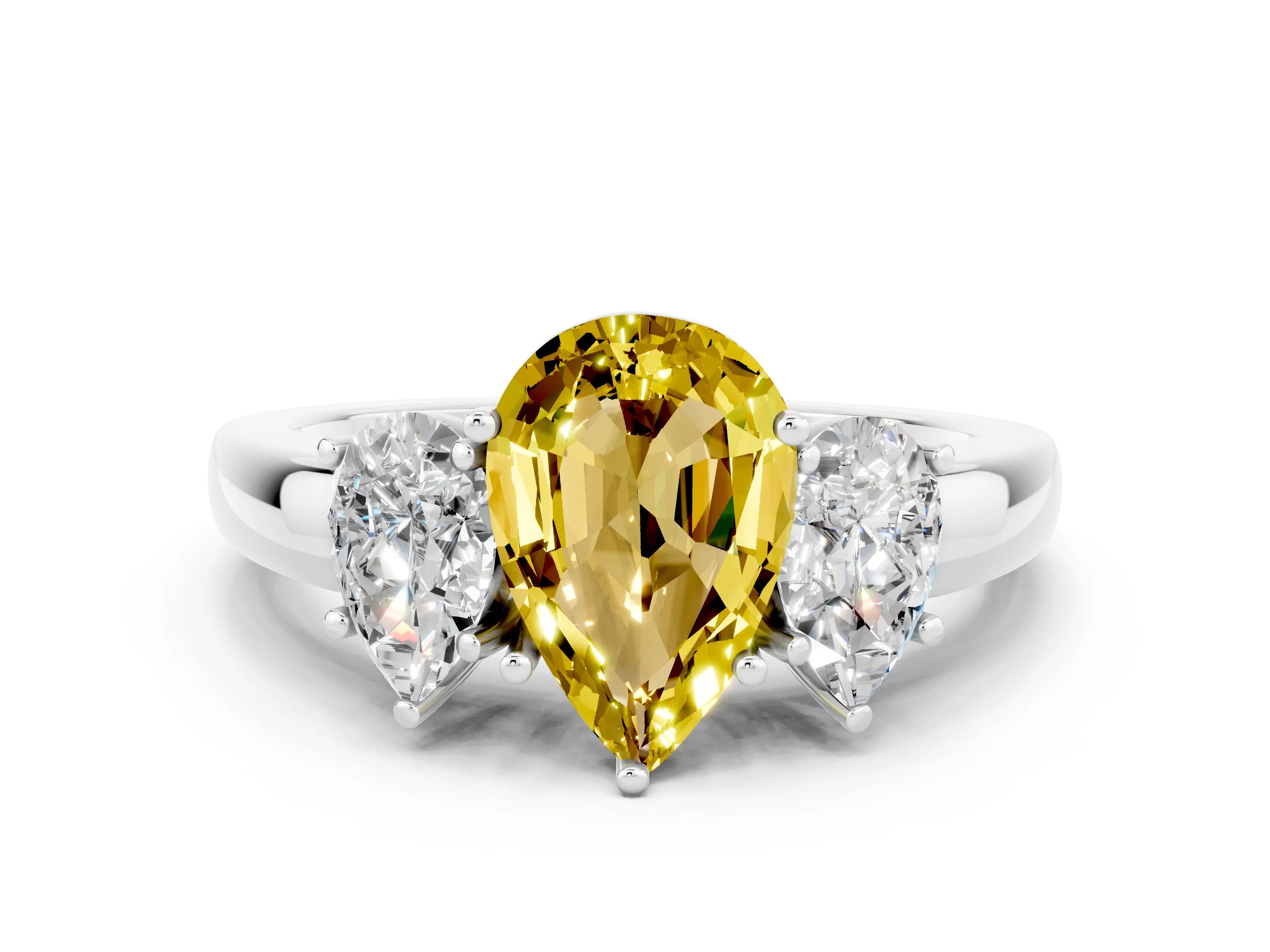 White gold Pear Cut Yellow Sapphire Three-Stone Ring with Four-Prong Setting and Classic Band