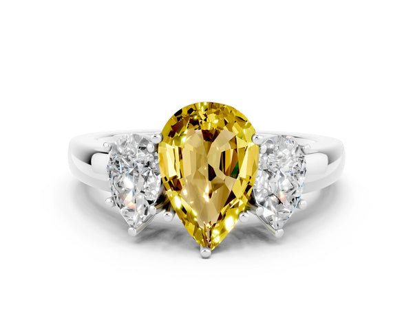 Platinum Pear Cut Yellow Sapphire Three-Stone Ring with Four-Prong Setting and Classic Band