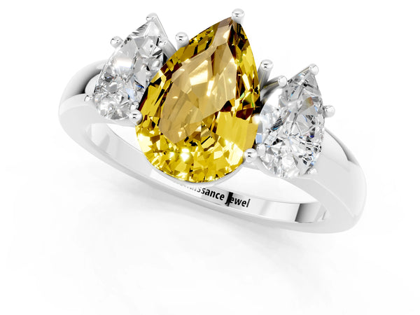 White gold Pear Cut Yellow Sapphire Three-Stone Ring with Four-Prong Setting and Classic Band