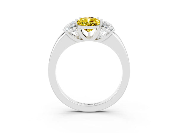 Platinum Pear Cut Yellow Sapphire Three-Stone Ring with Four-Prong Setting and Classic Band