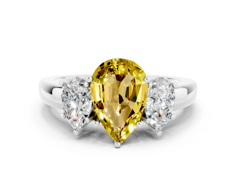 White gold Pear Cut Yellow Sapphire Three-Stone Ring with Four-Prong Setting and Classic Band