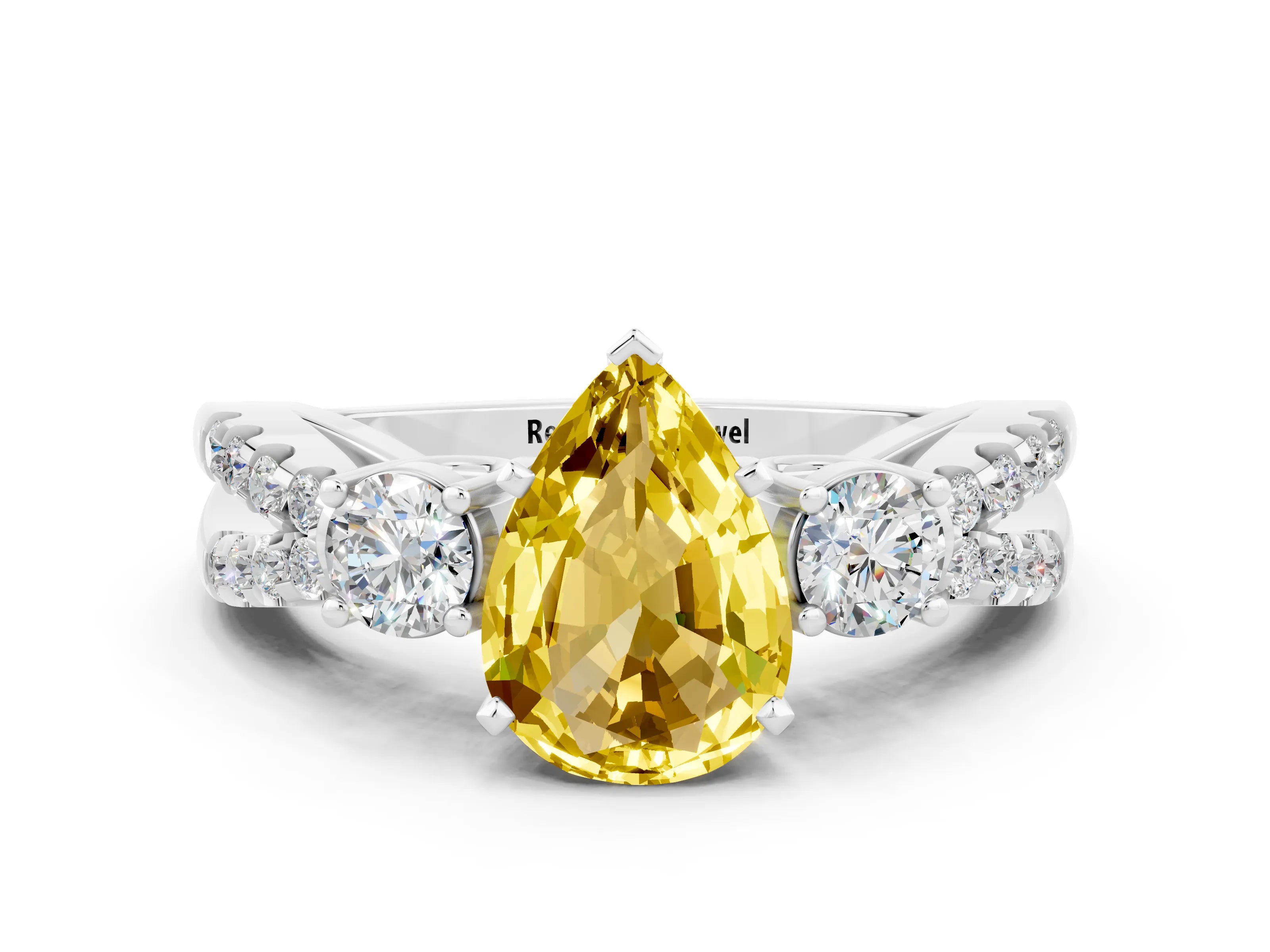 White gold Pear Cut Yellow Sapphire Three-Stone Ring with Pavé Split Shank and Four-Prong Setting_36