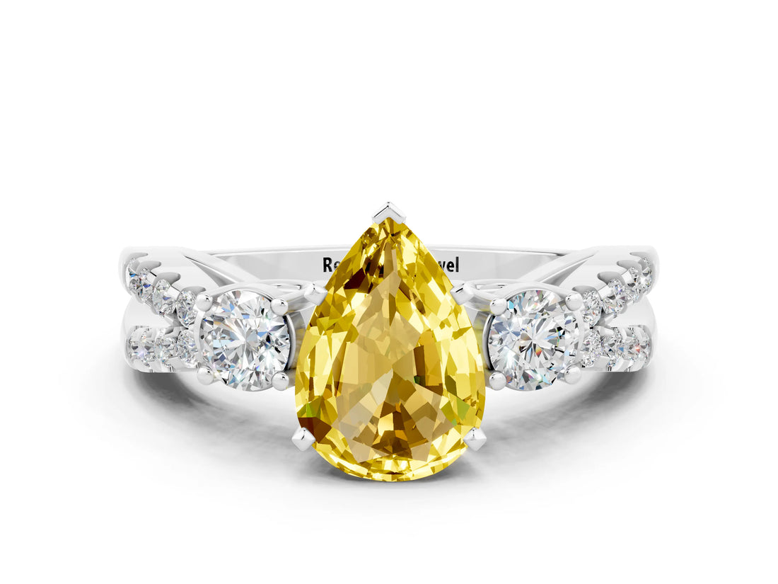 White gold Pear Cut Yellow Sapphire Three-Stone Ring with Pavé Split Shank and Four-Prong Setting_36
