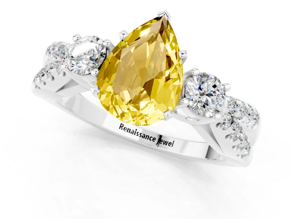 Platinum Pear Cut Yellow Sapphire Three-Stone Ring with Pavé Split Shank and Four-Prong Setting
