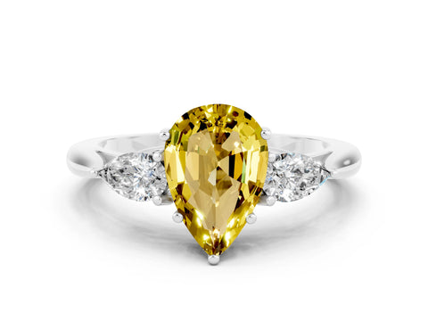 White gold Pear Cut Yellow Sapphire Three-Stone Ring with Pear Side Stones and Four-Prong Setting_31