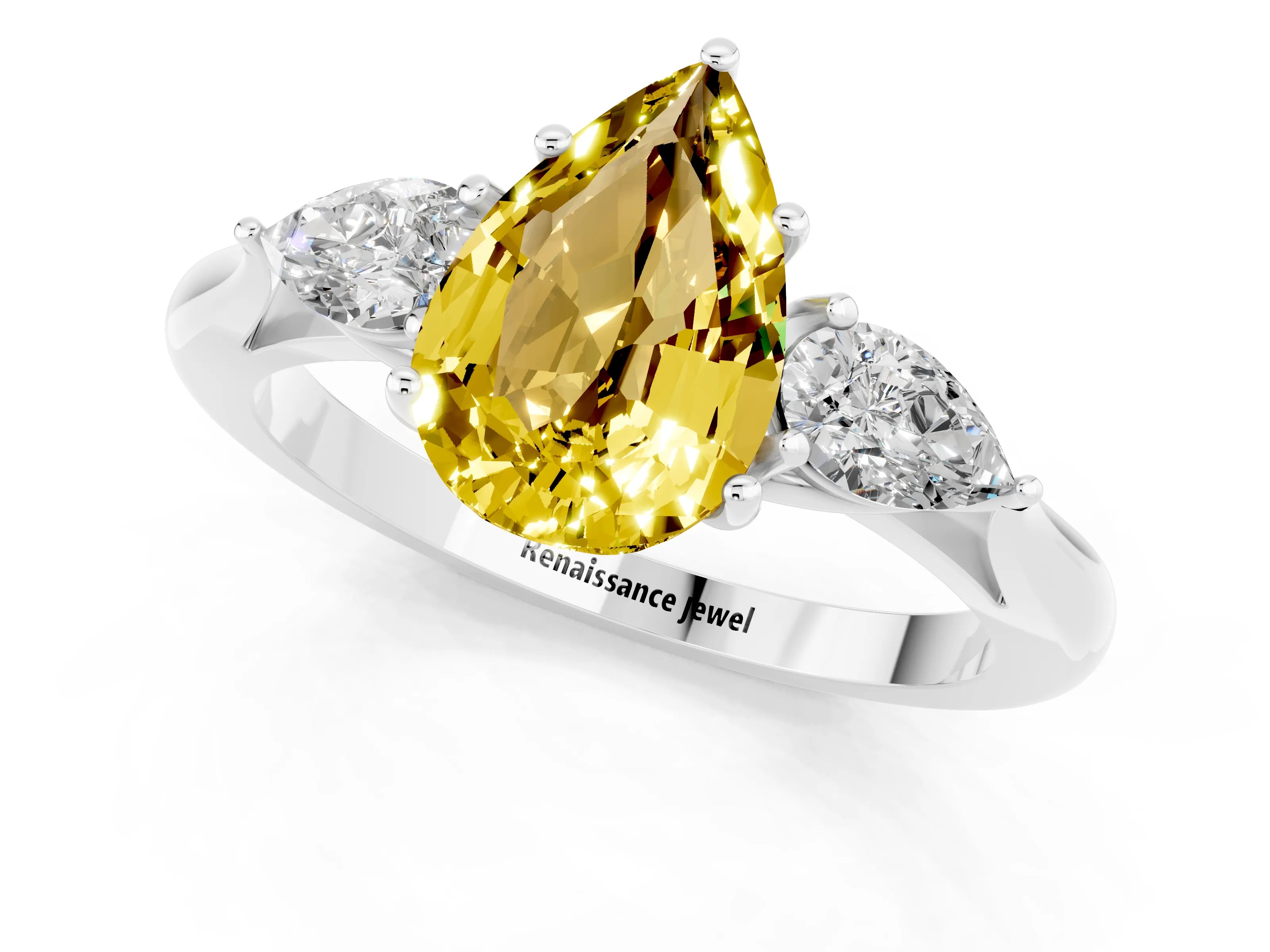 White gold Pear Cut Yellow Sapphire Three-Stone Ring with Pear Side Stones and Four-Prong Setting_32