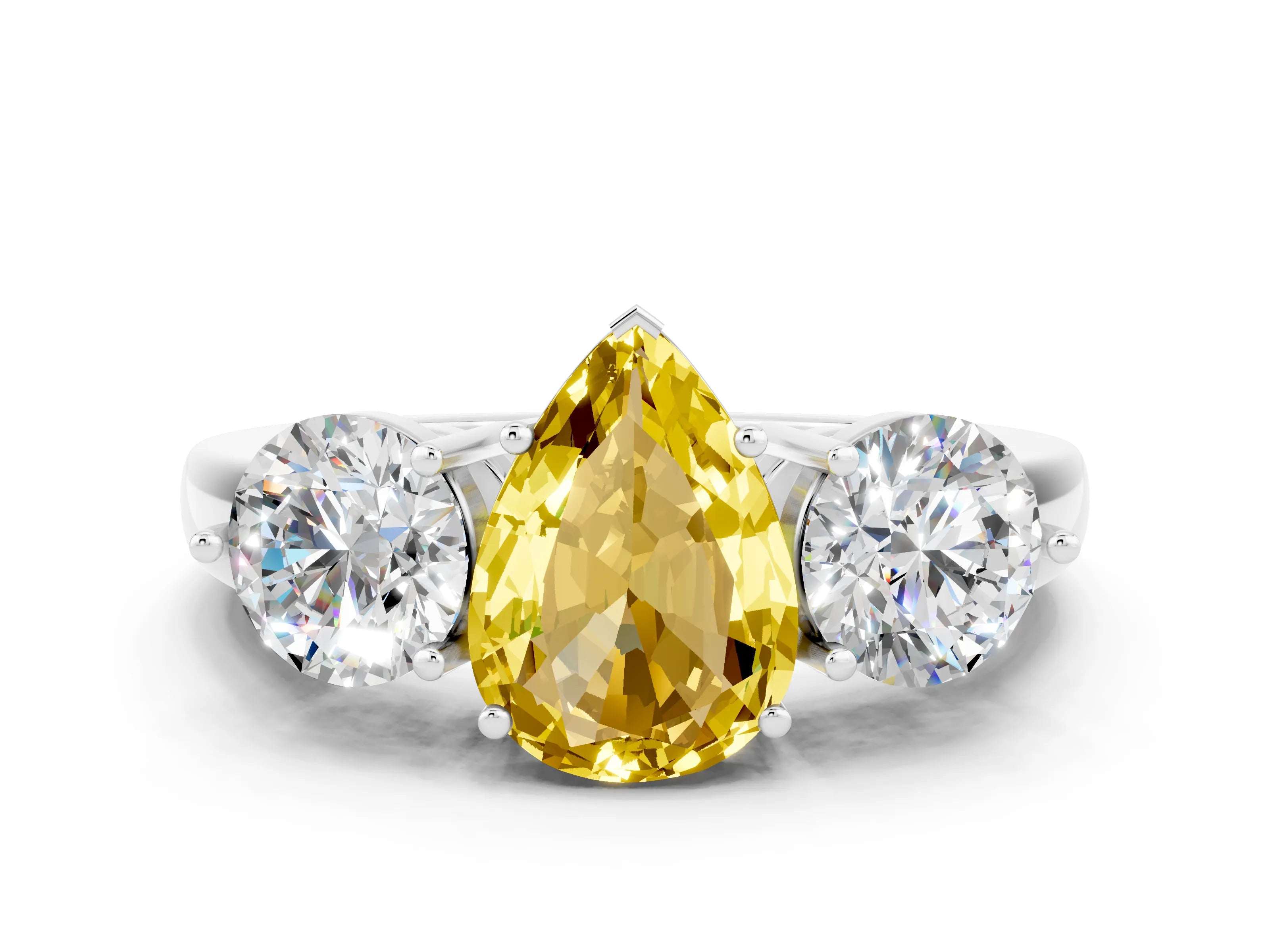 White gold Pear Cut Yellow Sapphire Three-Stone Ring with Prong Setting and Classic Band