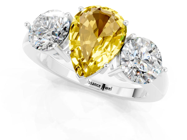 Platinum Pear Cut Yellow Sapphire Three-Stone Ring with Prong Setting and Classic Band