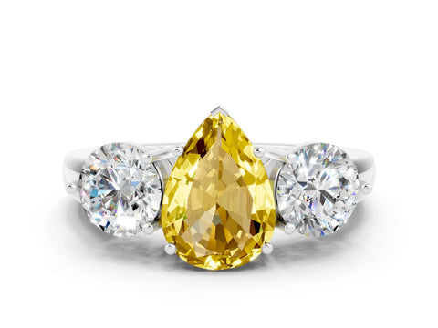 White gold Pear Cut Yellow Sapphire Three-Stone Ring with Prong Setting and Classic Band