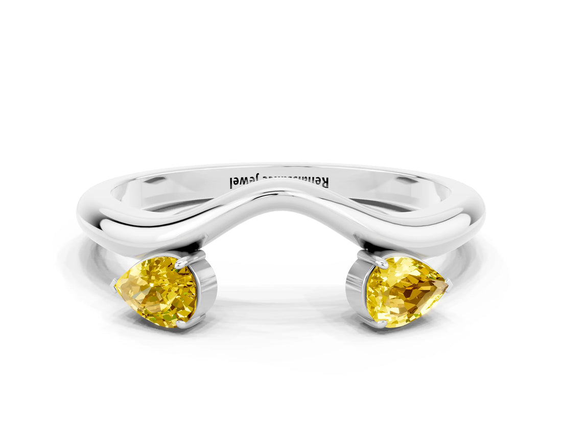 White gold Pear Cut Yellow Sapphire Two-Stone Open Band Ring with Prong Setting_18