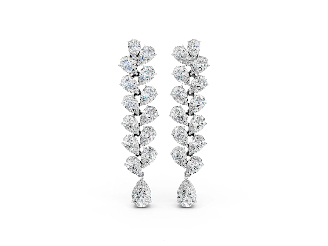 White gold Pear Diamond Cascading Leaf Drop Earrings_12