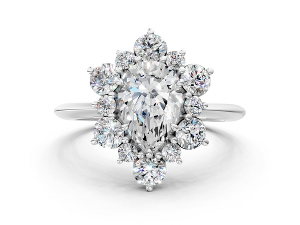 White gold Pear Diamond Cluster Halo Ring with Solitaire Band and Four-Prong Setting