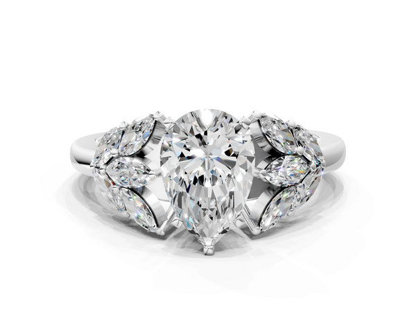 White gold Pear Diamond Cluster Leaf Design Ring with Prong Setting