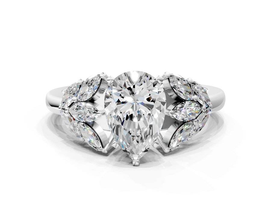 White gold Pear Diamond Cluster Leaf Design Ring with Prong Setting