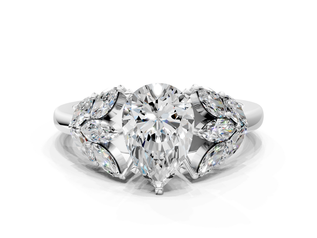 White gold Pear Diamond Cluster Leaf Design Ring with Prong Setting_74