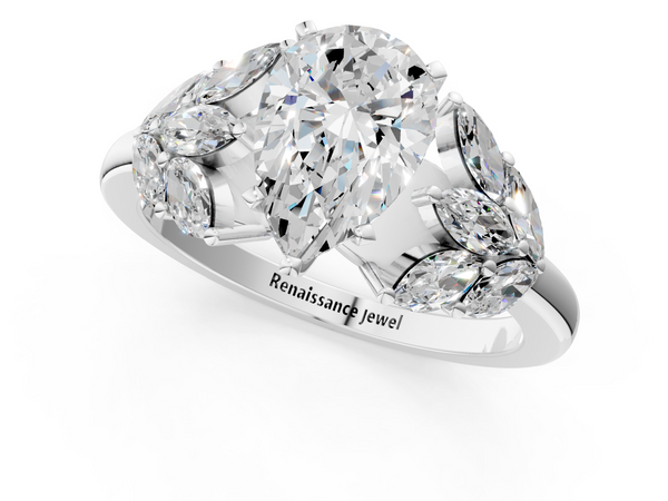 White gold Pear Diamond Cluster Leaf Design Ring with Prong Setting