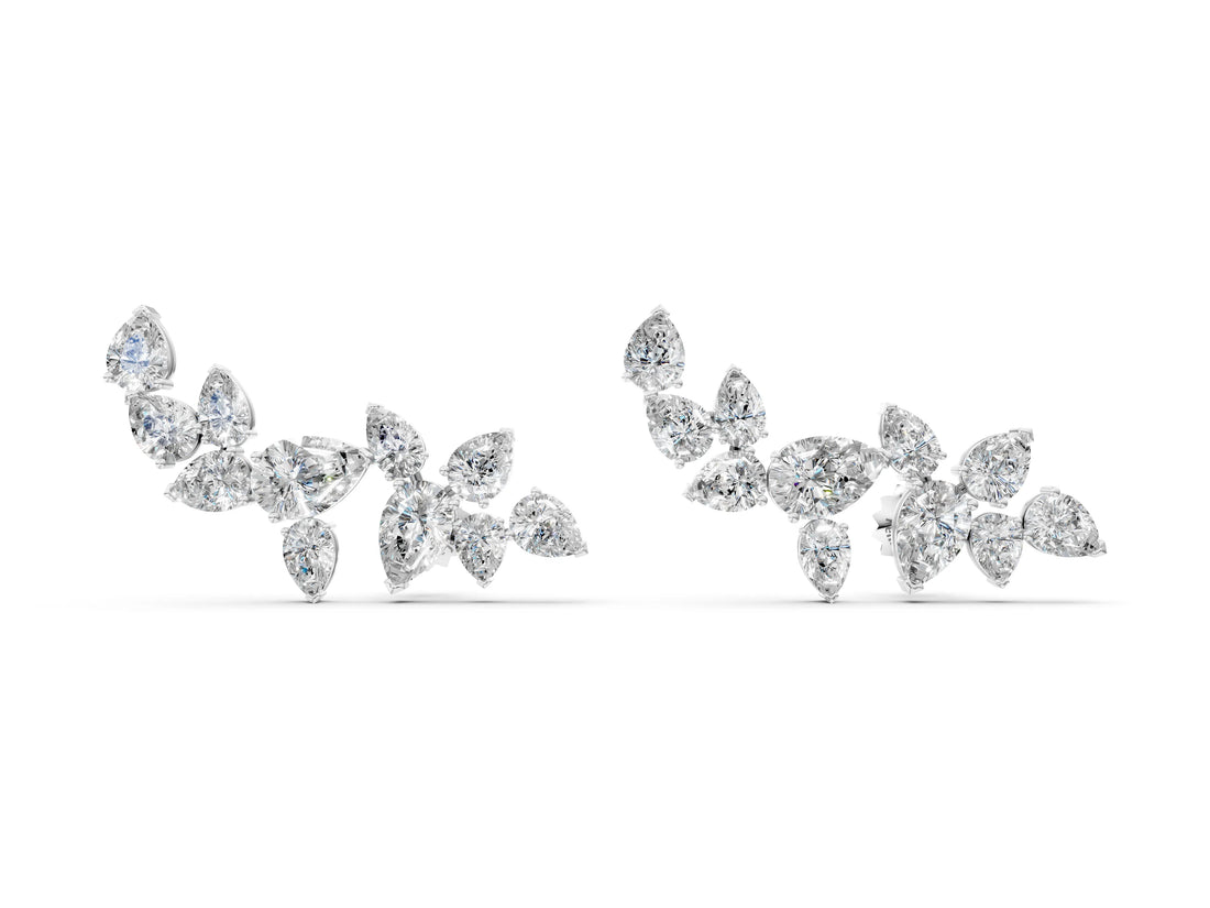 White gold Pear Diamond Curved Cluster Climber Earrings