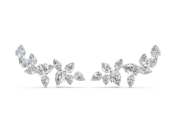 White gold Pear Diamond Curved Cluster Climber Earrings