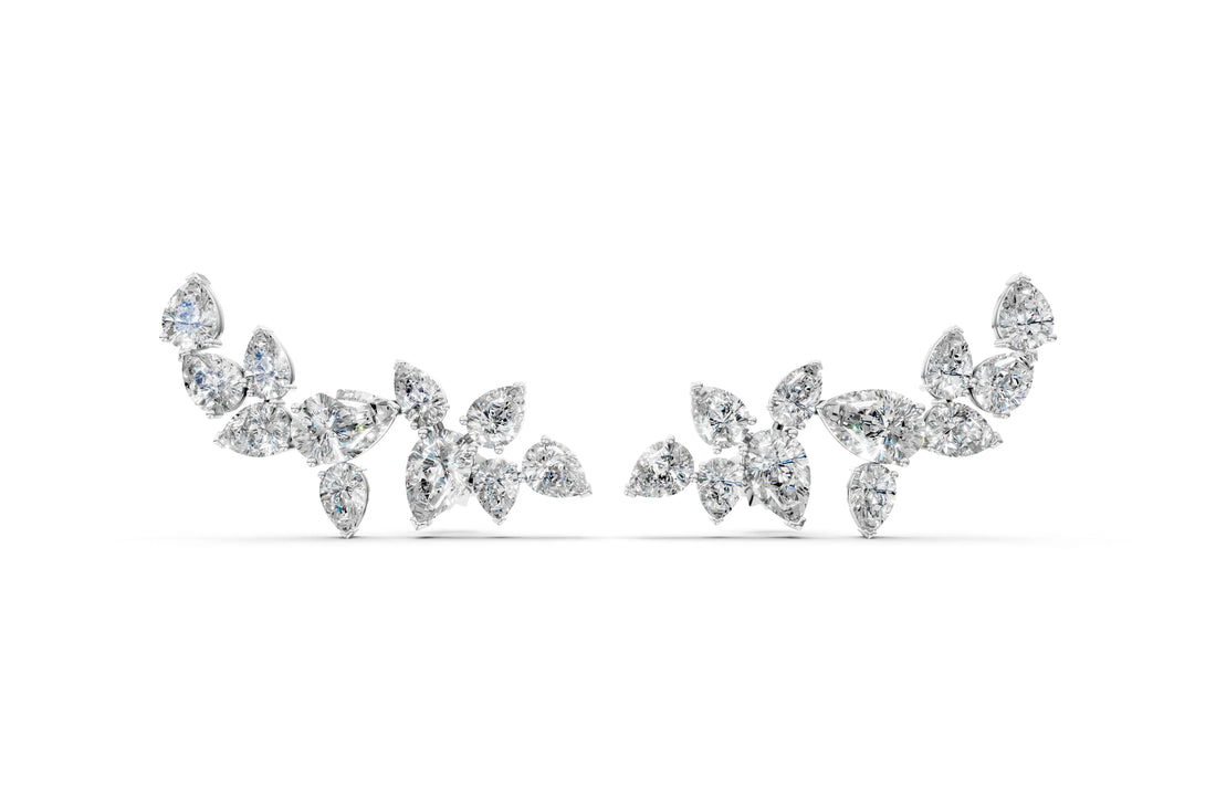 White gold Pear Diamond Curved Cluster Climber Earrings
